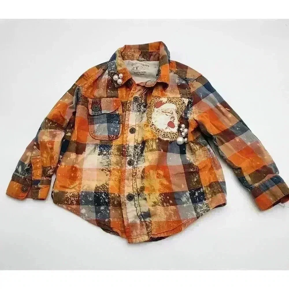 Genuine Kids Girl's Size 2T Orange & Navy Plaid Upcycled Santa Holiday Shirt